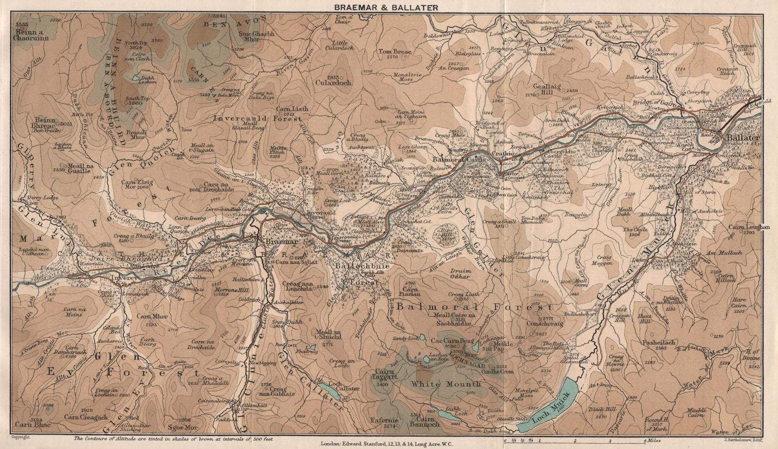 BRAEMAR & BALLATER. Glen Ey & Balmoral Forest. Scotland. STANFORD 1905 old map